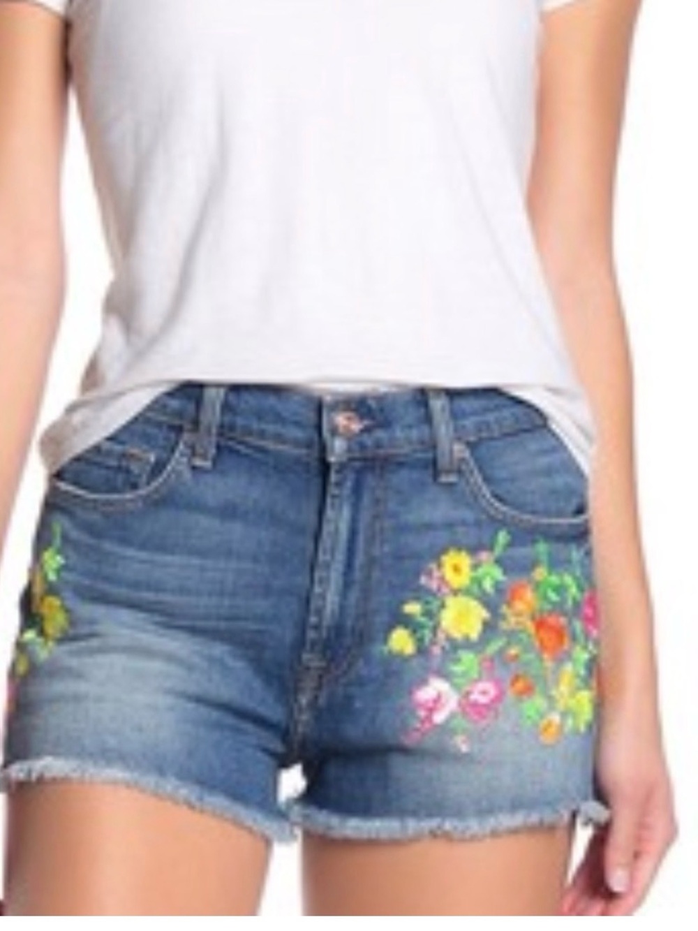 7 For All Mankind Blue Denim Floral Embroidered Cutoff Shorts - Picture 2 of 8